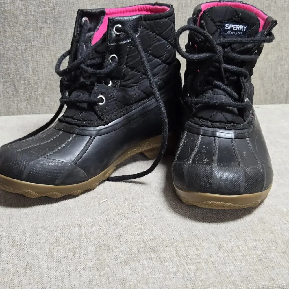 Sperry Port Duck Boots Kids Size 2 Black /Pink Waterproof Lined Rain Snow Play